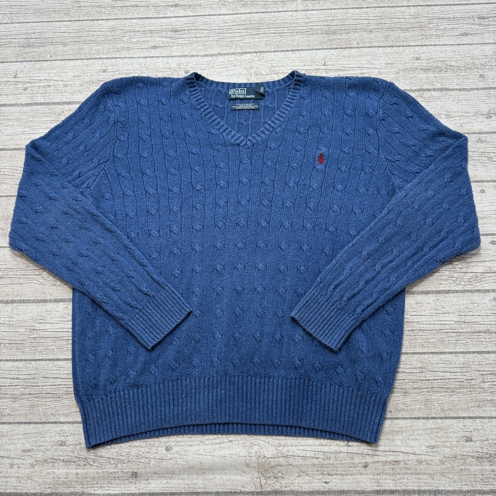 Polo Ralph Lauren Sweater Men's 2XL Blue Tussah Silk Cable Knit V-Neck Preppy